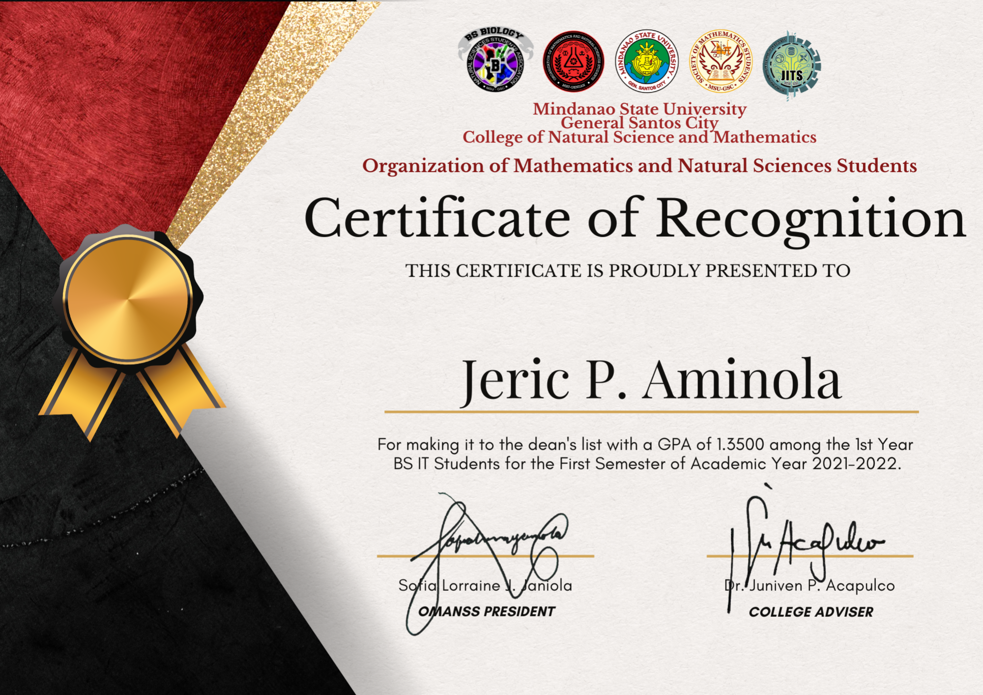 Dean's Lister & Top 9 in CNSM