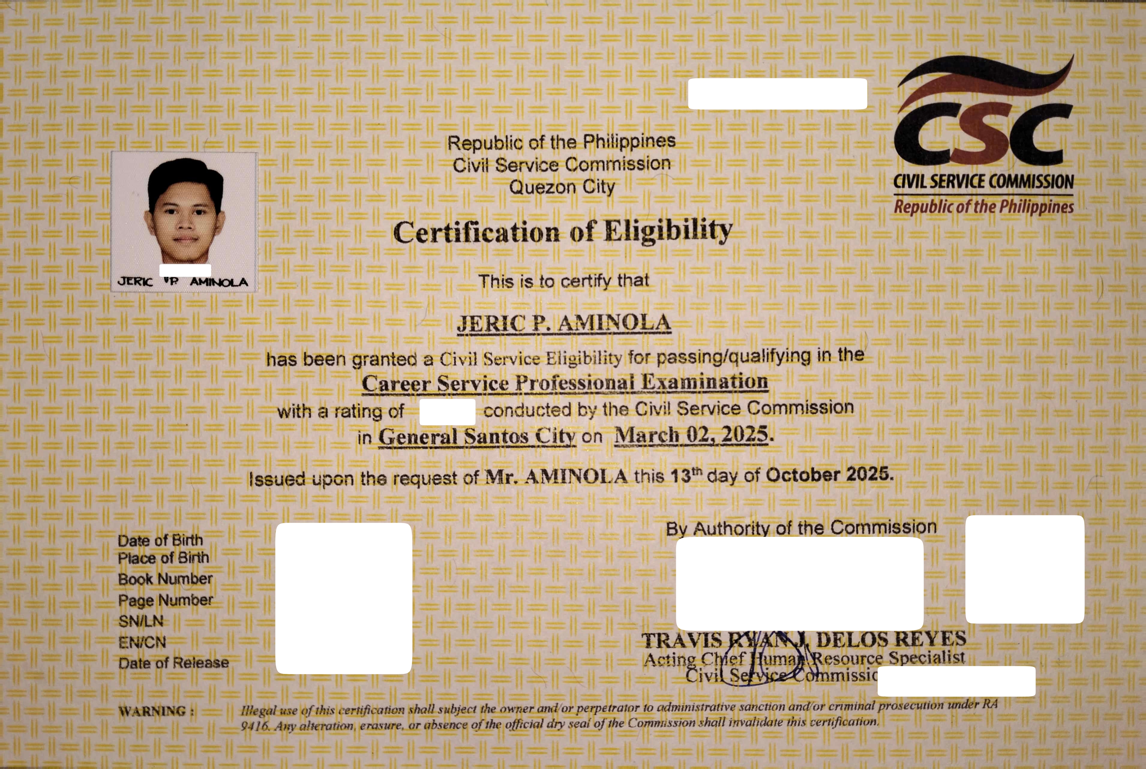 Civil Service Eligibility - Professional